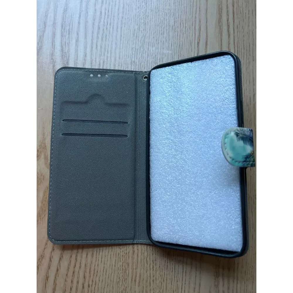 Tropical Print iPhone 12 Case Wallet w/Wrist Strap & Blingy Diamonds Pop Socket